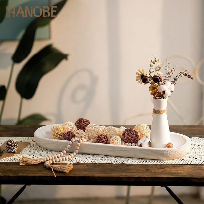 Hanobe Decorative Bowl Large Wooden: 25.5" Extra Long Wood Dough Bowls for Entry Way Table - Farmhouse Coffee Table Decor - Rustic Dining Table Centerpiece Decor, White