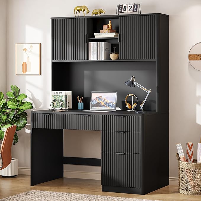 Vabches 67" H Executive Desk with Fluted Drawers,4 Drawers Fluted Computer Desk,Wood Workstation with Hutch and Barn Doors for Work and Study,Pure Black