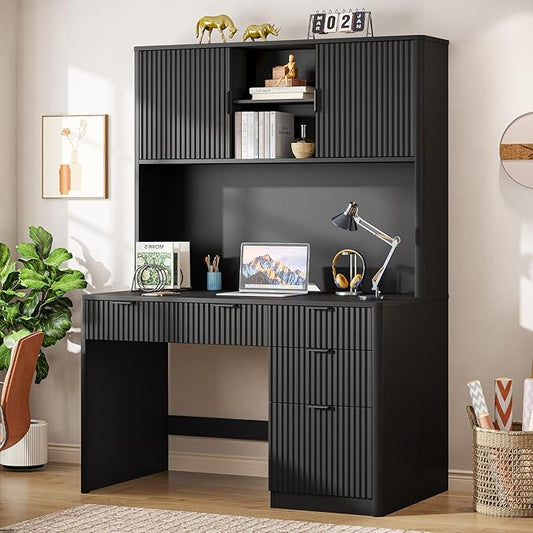 Vabches 67" H Executive Desk with Fluted Drawers,4 Drawers Fluted Computer Desk,Wood Workstation with Hutch and Barn Doors for Work and Study,Pure Black