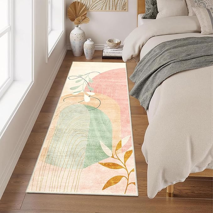 MUJOO Washable 2x6 Runner Rugs for Kitchen Hallway Bedside Bathroom Laundry Room Bedroom Floor,Boho Long Area Rug Non Slip Carpet Throw Rug Mid Century Modern Abstract Botanical Geometric Pink