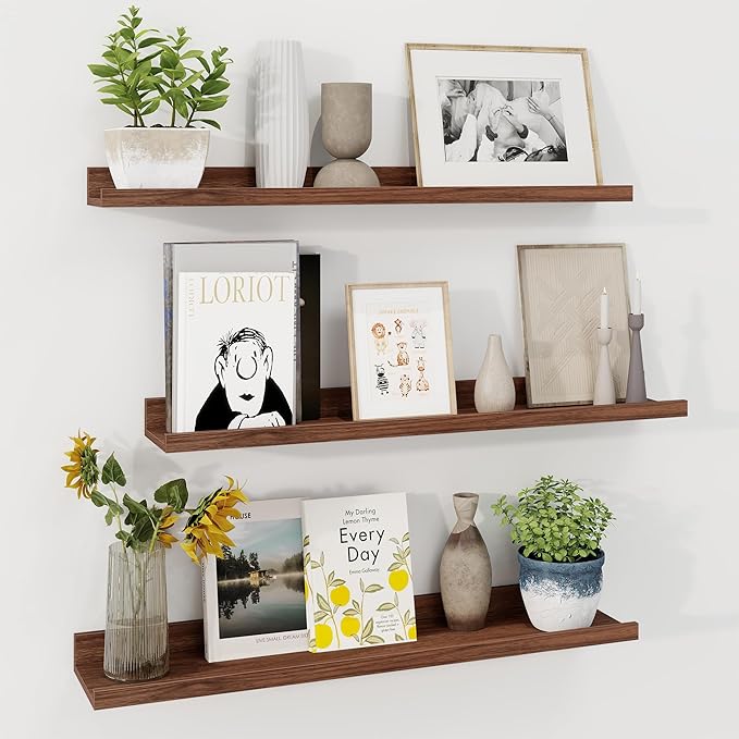 Axeman 30 Inch Floating Shelves | Walnut Picture Ledge Shelf Set of 3 | Rustic Wood Wall Shelves with Lip | 30" Walnut Picture Shelf for Wall with Ledge | Photo Shelves