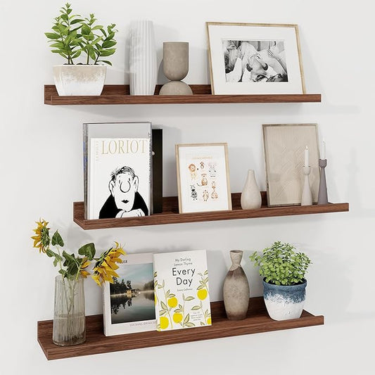 Axeman 30 Inch Floating Shelves | Walnut Picture Ledge Shelf Set of 3 | Rustic Wood Wall Shelves with Lip | 30" Walnut Picture Shelf for Wall with Ledge | Photo Shelves