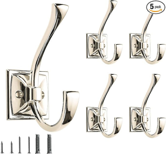 5 Pack Decorative Heavy Duty Towel Hooks for Hanging Robe Double Polished Nickel Coat Hooks Wall Mounted with Screws for Key, Towel, Bags, Cup, Hat