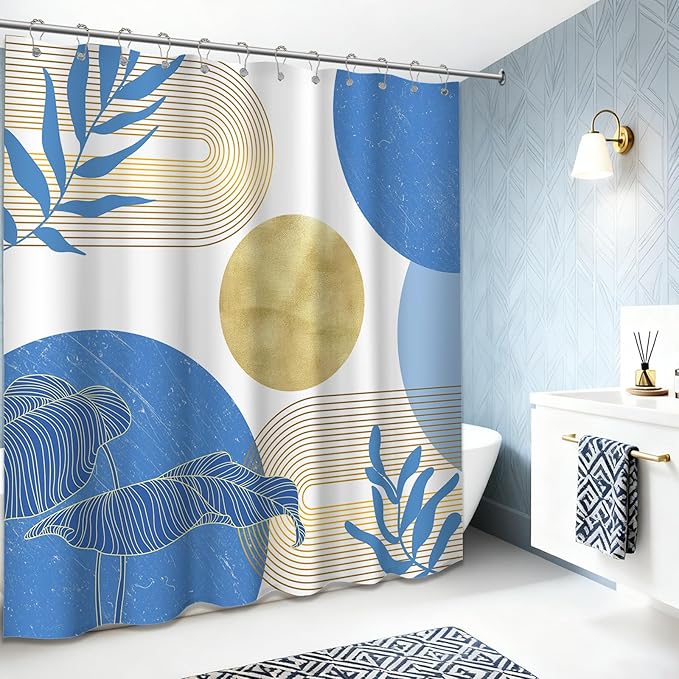 Light Blue and Gold Shower Curtain Boho Blue and White Shower Curtains for Bathroom Decor Mid Century Modern Bath Curtain Set, Waterproof Fabric with Hooks 70 x 72 Inch