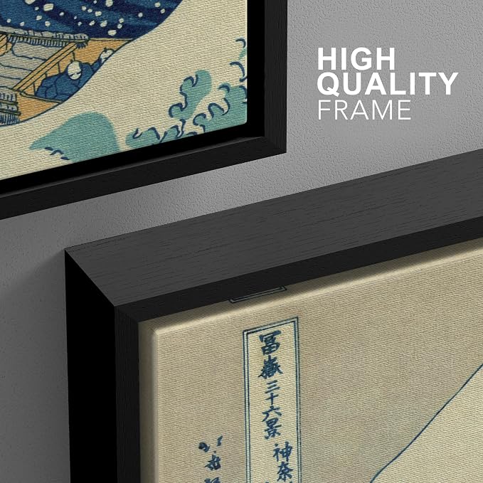 wall26 Framed Canvas Print Wall Art Set The Great Wave Off Kanagawa by Hokusai Cultural Historic Oil Painting Fine Art Reproduction Scenic Colorful for Living Room, Bedroom, Office - 24"x36"x3 Black