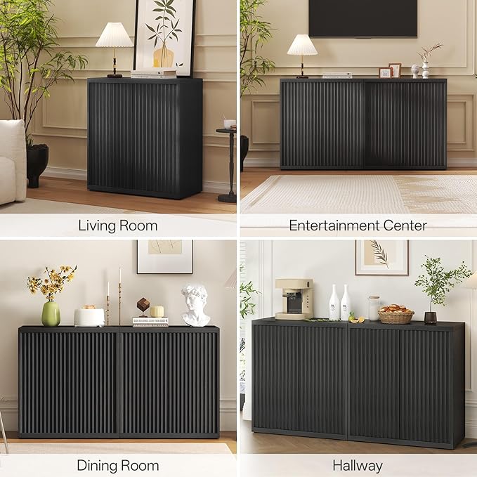 31” Sideboard Cabinet with Storage, Fluted Accent Cabinet with Adjustable Shelves, Modern Wood Credenza Cabinets with Pop-up Doors for Entryway Kitchen Living Room Hallway, Black 3pcs