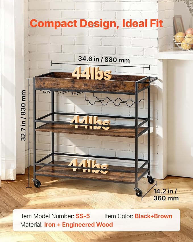 VEVOR Bar Cart, 3 Tiers Home Kitchen Serving Carts, Industrial Rolling Utility Station on Wheel, Mobile Drink Beverage Shelf with Wine Rack & Glass Holder, 34.64x14.17x32.68 in, Rustic Brown and Black