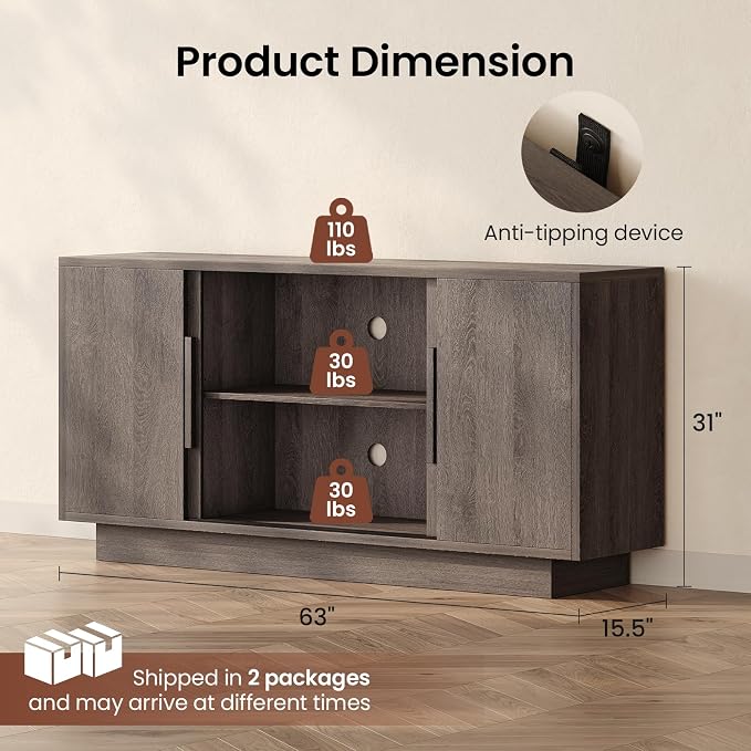 ModernMate 63'' Sideboard Buffet Cabinet with 4 Sliding Doors, Wood Credenza Storage Cabinet with Pedestal Base, Large Side Board with Adjustable Shelf for Living Room, Kitchen, Hallway, Dark Walnut
