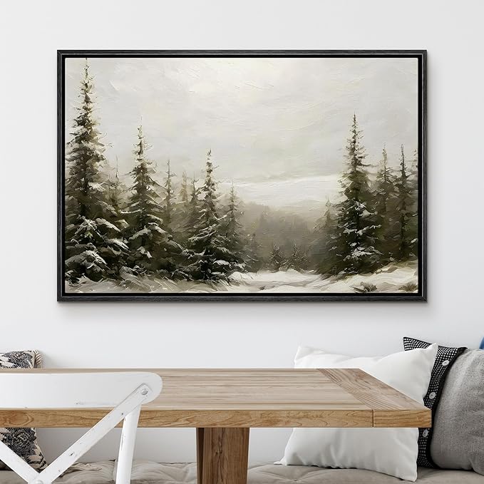 MUDECOR Framed Canvas Print Wall Art Winter Pine Forest Landscape Minimalist Nature Wilderness Antique Retro Fine Art Illustrations Decorative for Bedroom - 24"x36" Black