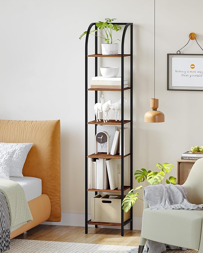 Hzuaneri Bookshelf Narrow Bookcase, Tall Storage Rack with Steel Frame, Display Standing Shelf Unit, Skinny Book Shelf for Study Living Room Home Office, Industrial Style, 6-Tier Rustic Brown BC56001B