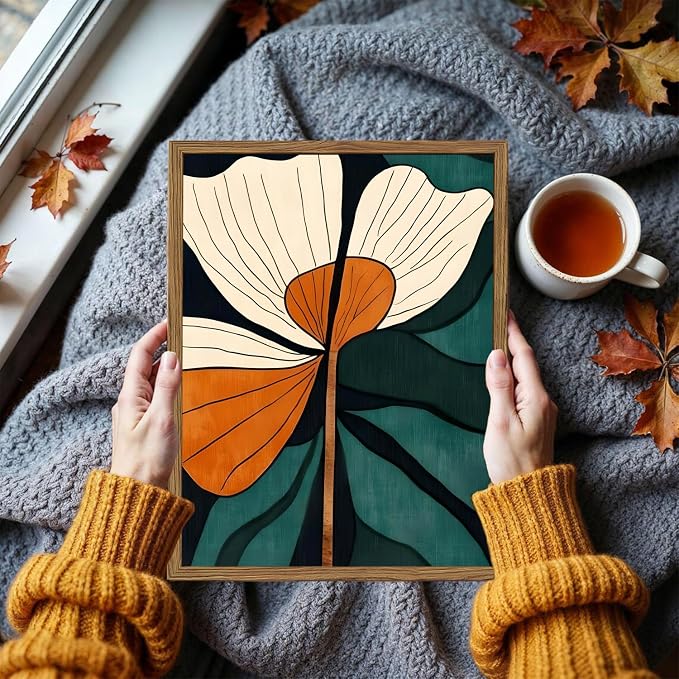 Mid Century Modern Flower Wall Art Vintage Abstract Botanical Wall Decor Painting Set of 2 Boho Dark Floral Poster Canvas Print Pictures for Living Room Bedroom 16x24 inch Wood Framed