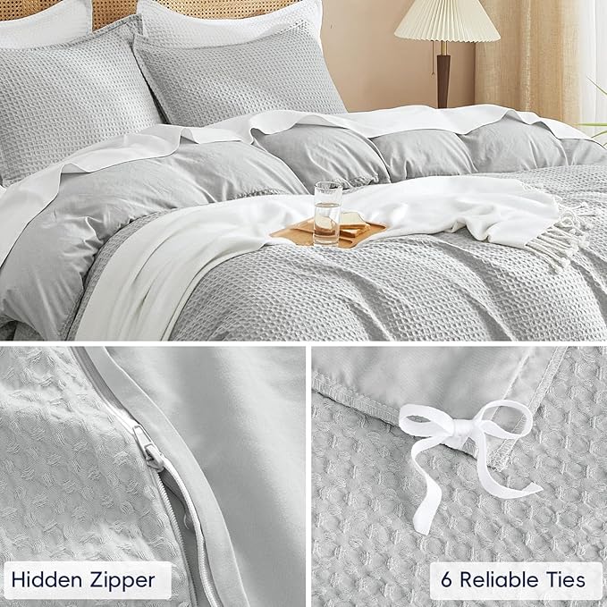 PHF Waffle Weave Duvet Cover Set Twin/Twin XL Size, No Snagging Soft Luxury Textured Breathable Comforter Cover for All Season 2pcs, Durable Bedding Duvet Set with 1 Pillow Sham, 68"x90", Light Grey
