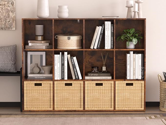 Wooden 12 Cube Storage Organizer with Closed Back Panel,Brown Cube Shelf Cubby Storage Organizer with Compartments for Living,Bookshelf, Easy to Install (Retro Brown, 12-Cube-11in)