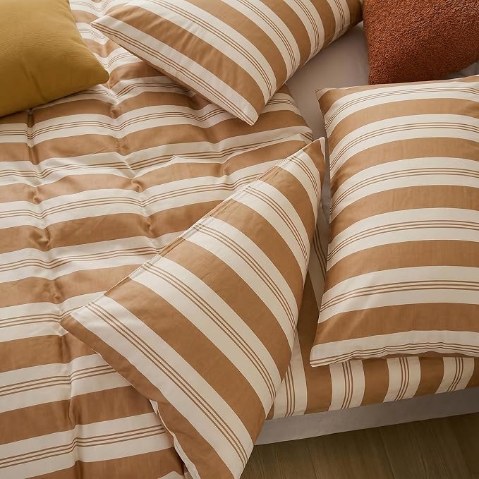 Merryword Khaki Striped Duvet Cover Set Queen Size, 100% Cotton Bedding Set with Zipper Closure & 8 Corner Ties, Awning Stripe Bedding, Soft Breathable Comforter Cover for All Seasons