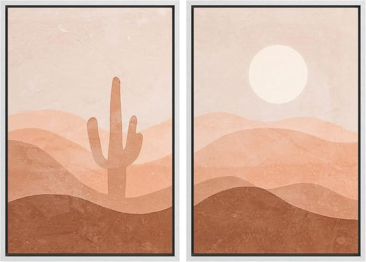 IDEA4WALL Framed Wall Art Print Set Cactus Shining Sun Desert Valley Landscape Wilderness Nature Illustrations Modern Art Boho Graphic Colorful Chic for Living Room, Bedroom, Office - 16"x24"x2 White