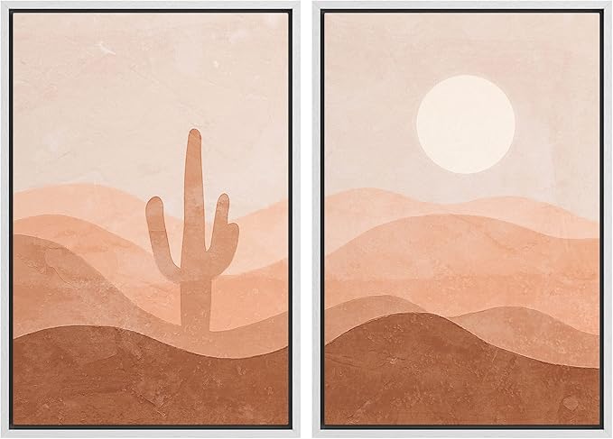 IDEA4WALL Framed Wall Art Print Set Cactus Shining Sun Desert Valley Landscape Wilderness Nature Illustrations Modern Art Boho Graphic Colorful Chic for Living Room, Bedroom, Office - 24"x36"x2 White