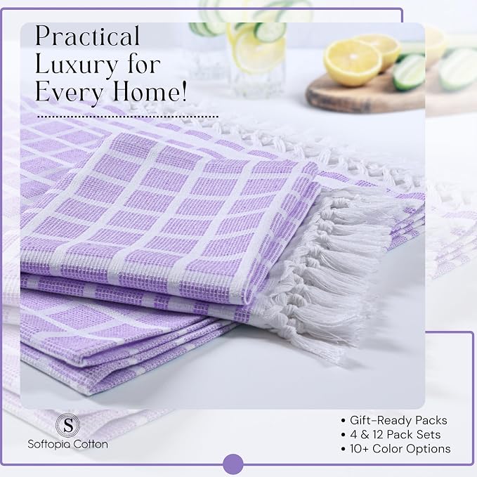 Matrix Dobby Kitchen Towels 4 Pack, 16x26 Inches, 100% Cotton, Absorbent Reusable Dish Cloths with Handmade Tassels, Washable Hand Towels for Drying - Lavender, White