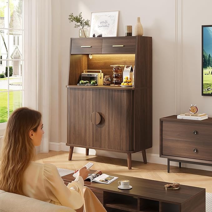 Decofy 47.2" Sideboard Buffet Cabinet with LED Light & Sliding Door, Modern Storage Cabinet with Adjustable Shelf &2 Drawers, Coffee Bar for Kitchen, Entryway(Oak) (Walnut)