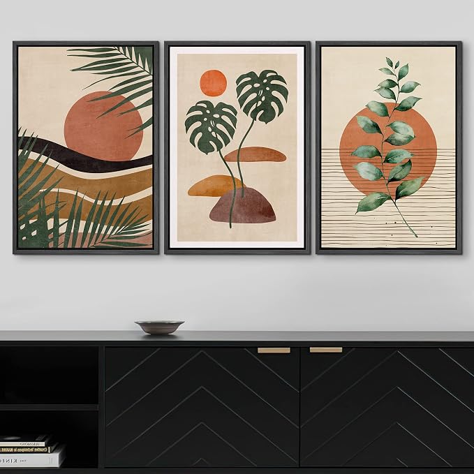 wall26 Framed Canvas Print Wall Art Set Boho Mid-Century Tropical Plant Collage Abstract Shapes Digital Art Modern Art Decorative Minimal Relax/Zen for Living Room, Bedroom, Office - 24"x36"x3 Black