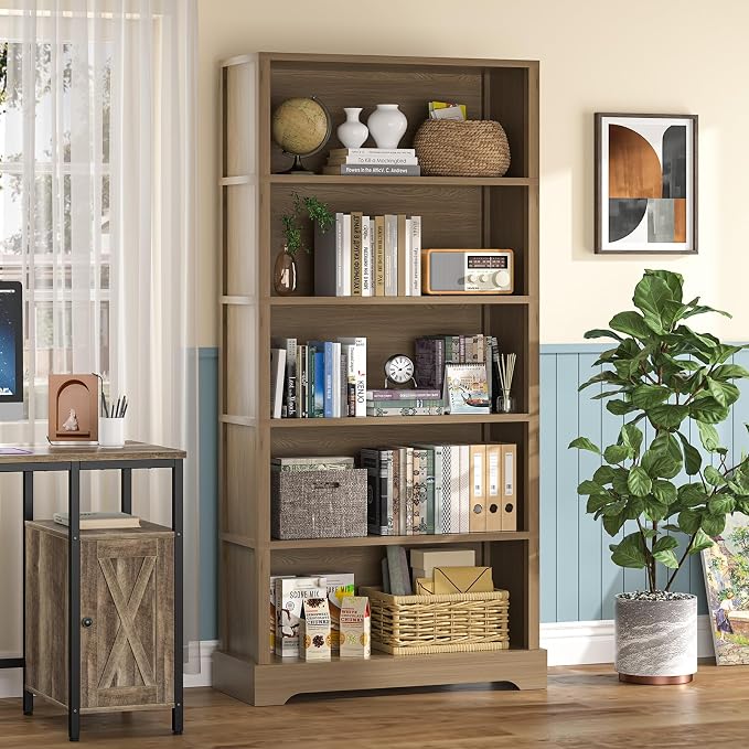 TVU 5-Tier Wooden Bookshelf, 65" Tall Farmhouse Style Open Bookcase, 31.5" W Standing Book Shelf with Storage, Suitable for Study, Living Room, Office, Teak