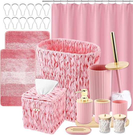Bathroom Accessories Set, 25PCS Wicker Bathroom Accessory Set with Shower Curtain, Bath Mat, Soap Dispenser, Handwoven Trash Can & Rattan Tissue Box (Pink, Bath Set+Shower Curtain+Rugs)