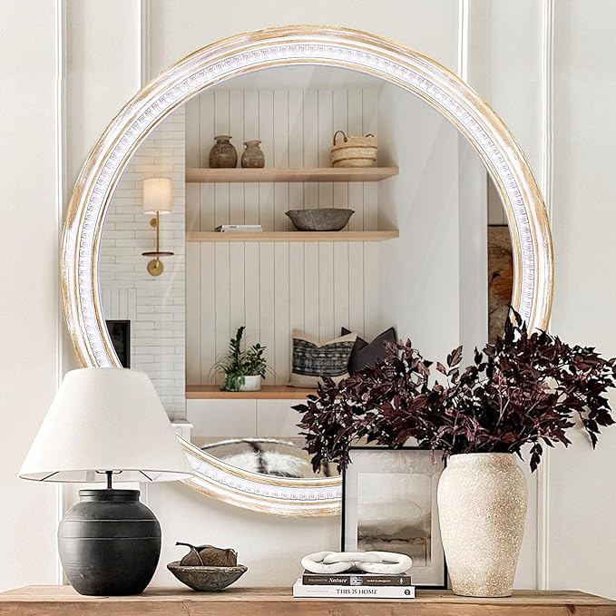 Farmhouse Round Wood Mirror 30 Inch, Rustic Boho Circle Decorative Mirrors for Bathroom, Living Room, Entryway, Bedroom, Hallway