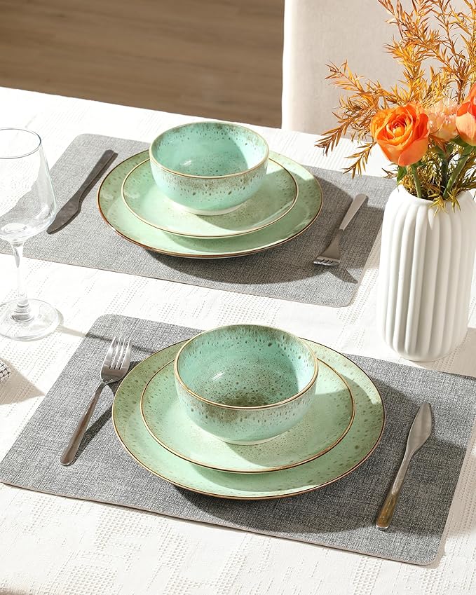 Sweejar Dinnerware Sets Service for 4, 12 pcs Porcelain Plates and Bowls for Kitchen, Housewaring Gift, Chip and Scratch Resistant Dish Set, Handmade Dishwasher and Microwave Safe Plate Set, Green