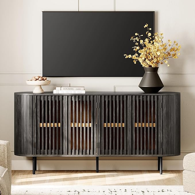WAMPAT 66" Fluted Sideboard Buffet Cabinet, Wood Storage Cabinet with 4 Doors, Mid Century Modern Credenza for Dining Room, Living Room, Kitchen, Black
