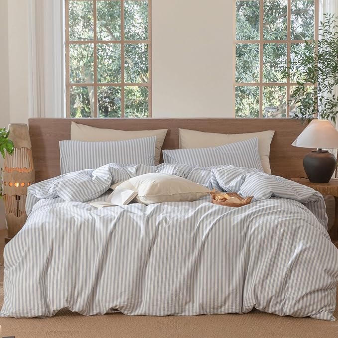 MooMee Striped Duvet Cover Set 100% Washed Cotton Linen Like Textured Breathable Durable Soft Comfy (Cornflower Blue White Classic Stripes, Super King Plus 120"x120")