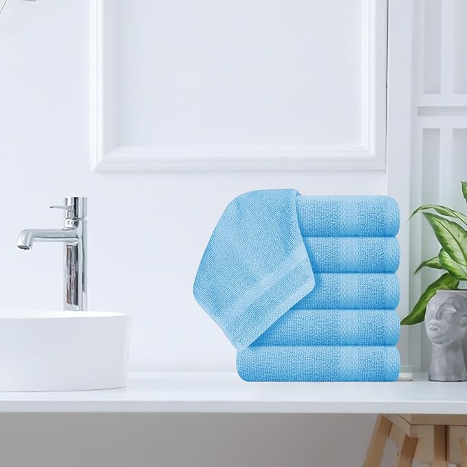 GLAMBURG Ultra Soft 12-Piece Washcloths Set 13x13-100% Ringspun Cotton - Durable & Highly Absorbent Face Towels - Ideal for use in Bathroom, Kitchen, Gym, Spa & General Cleaning - Sky Blue