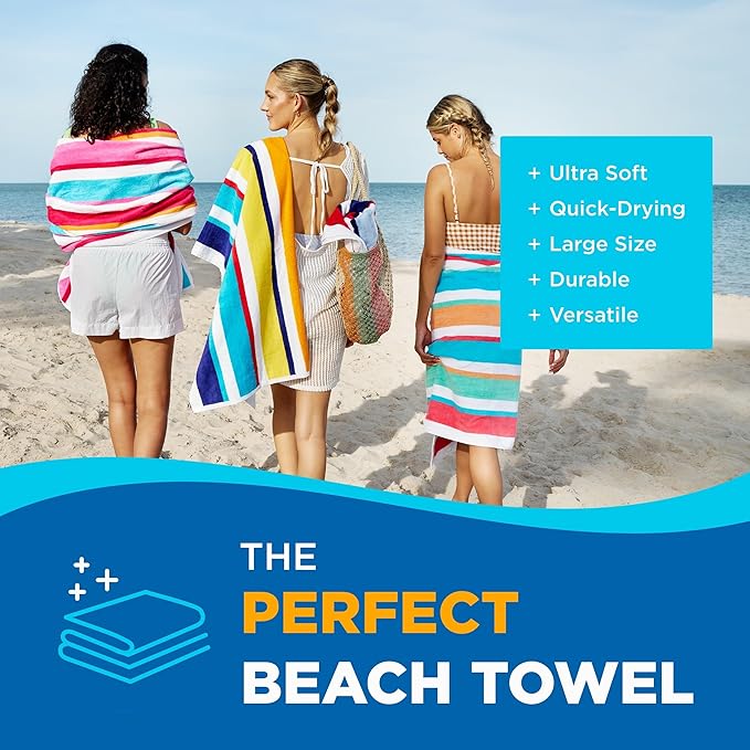 Kaufman - Joey Velour Colored Classic Multi-Color Stripe Beach & Pool Towel - Large 100% Combed Cotton Beach Towel - Soft & Absorbent Colorful Towels - 30" x 60" - 4 Pack