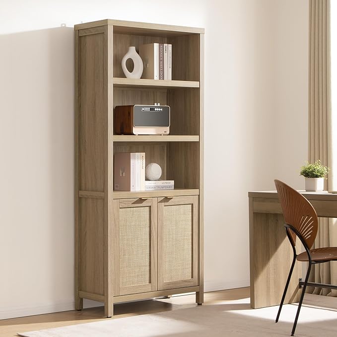 SICOTAS Bookcase 71" Tall Bookshelf 5 Tier Rattan Boho Bookcase with Doors Storage Large Book Case Shelf Farmhouse Bookshelves Library Book Shelves for Living Room Bedroom Home Office Kitchen