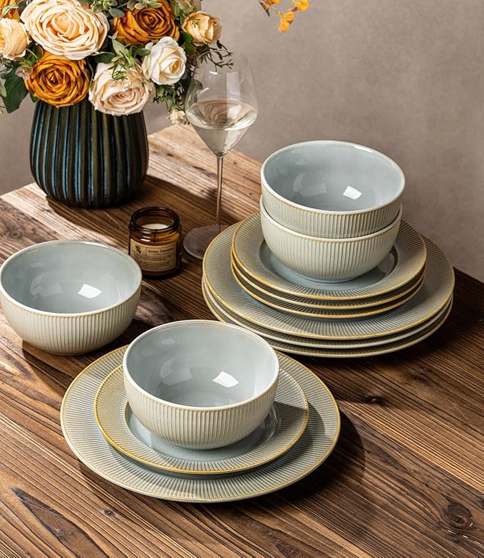 TheTerra Stoneware Dinnerware Sets for 6, 18 Pieces Ceramic Lightweight Plates and Bowls Sets, Scratch Resistant Embossed Dish Set, Oven, Microwave & Dishwasher Safe, Desert Sage