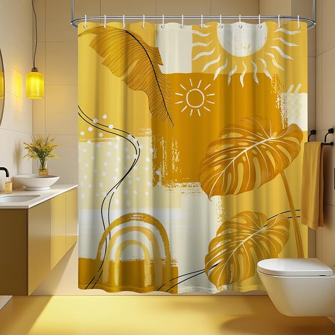 Yellow Shower Curtain Mustard Bohemian, 60x72 Inchs | Abstract Design, Mid Century Modern Pattern Theme, Bathroom Decor Sets, Waterproof Cloth Fabric, with Hooks