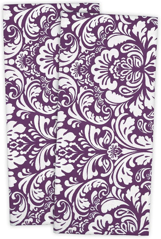 DII Cotton Dish Towel Set Damask Print, 18x28, Eggplant, 2 Count