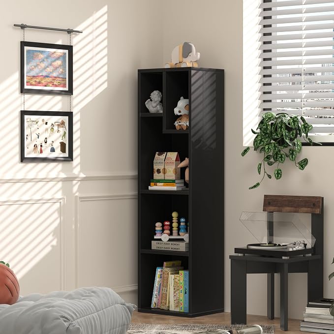 VECELO 4-Tier Slim Bookcase, Modern Storage Cabinet, Slim Bookshelf, Fits Tallest Hardcover, 5 Cubes, Vertical or Horizontal, Easy Assembly, Vintage Black