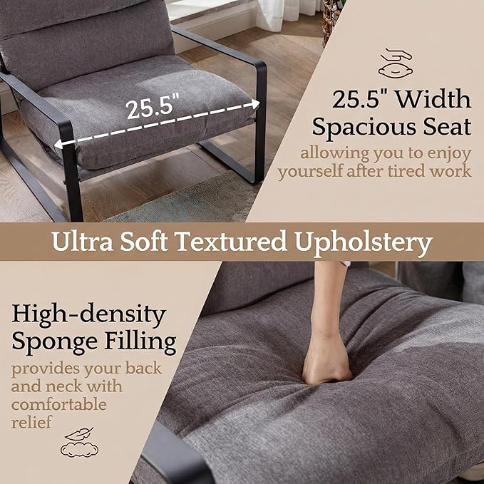 LukeAlon Modern Linen Accent Armchair, Upholstered Living Room Chair with Metal Base Thickened Cushion Single Sofa Chair Comfy Lounge Chair for Bedroom Living Room, Grey