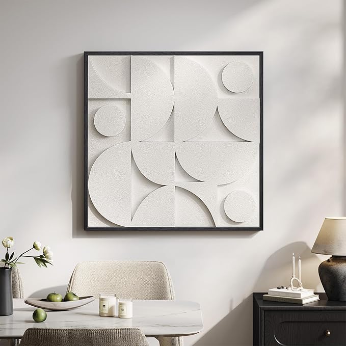 Large 3D Textured Framed White Abstract Wall Art for Living Room, Modern Geometric Sandstone Texture Paintings Artwork for Walls, White Minimalist Pictures for Bedroom Hallway Wall Decor 30x30 In