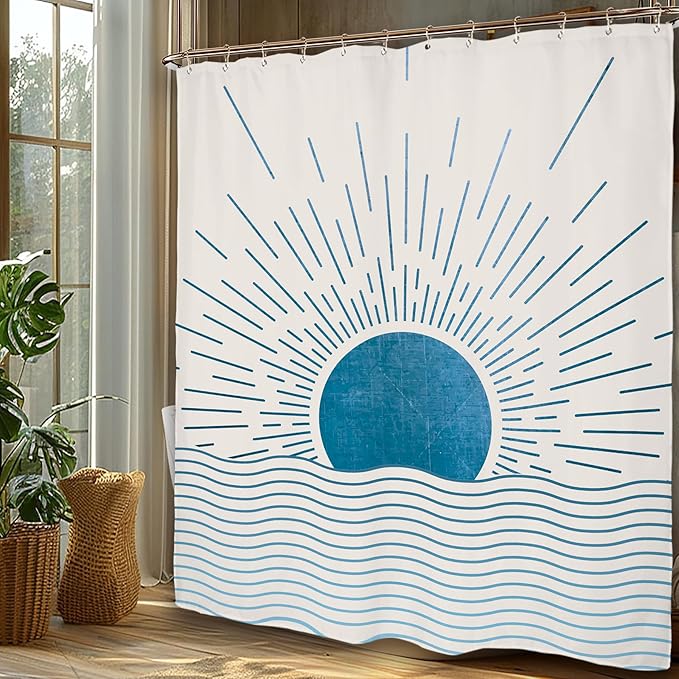 Miyotaa Blue Sun Minimalist Shower Curtain Set 60Wx71H Inches Mid Century Sunrise Sunset Vintage Aesthetic Retro Polyester Waterproof Cloth Bathroom Curtain with 12 Hooks