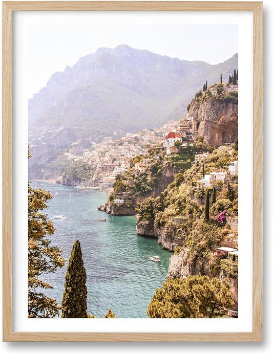 HesenDot Natural OAK Wood Framed Italy Coastal Wall Art,12x16in Amalfi Coast Canvas Wall Print,Positano Seascape Boho Poster Wall Decor for Living Room,Bedroom,Office Gallery Set of 1
