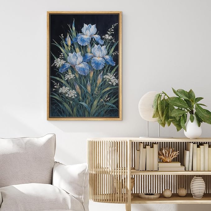 MUDECOR Framed Canvas Print Wall Art Blue Iris Botanical Floral Illustrations Minimalism Decorative Bohemian Zen for Living Room, Bedroom, Office - 24"x36" NATURAL
