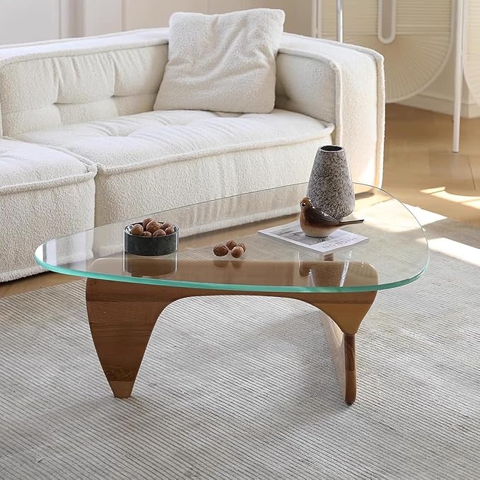 Modern Glass Coffee Table, 45in Large Mid Century Coffee Table, Unique Wooden Triangle Center Tables with Wood Legs, for Bedroom Living Room Reception Office(Walnut Transparent, 45in) 1