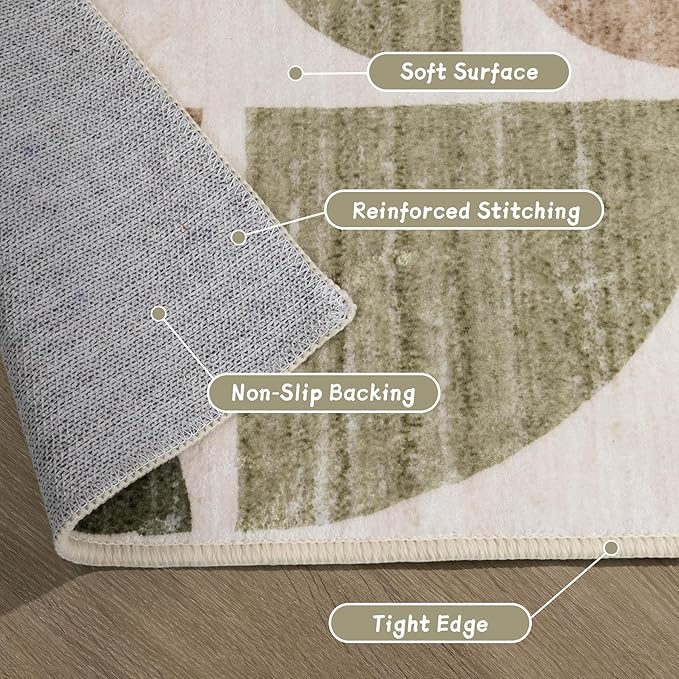 MUJOO 3x5 Rug Washable,Boho Area Rugs for Bedroom Entryway Living Room Bedside,Small Throw Floor Carpet Non Slip Soft Indoor Modern Abstract Vintage Green and Brown