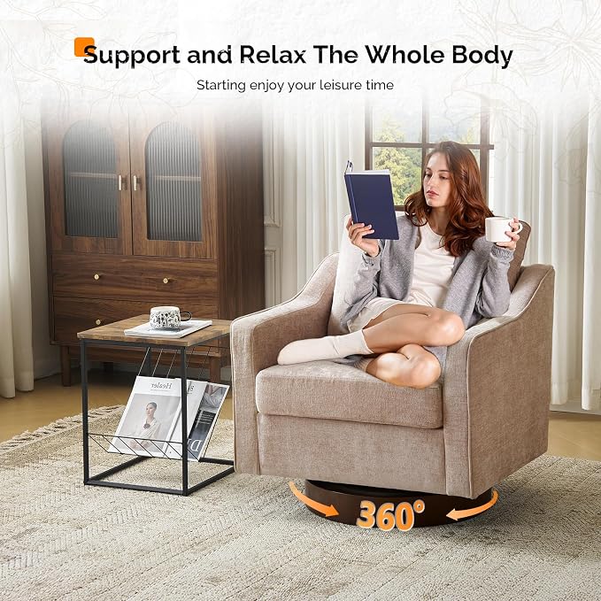 VINGLI Mid-Century Modern Swivel Accent Chair, 360°Upholstered Armchair, Home Sofa with Track Arms for Living Room, Bedroom, Reading Room, Club Swivel Chair, Chenille Khaki