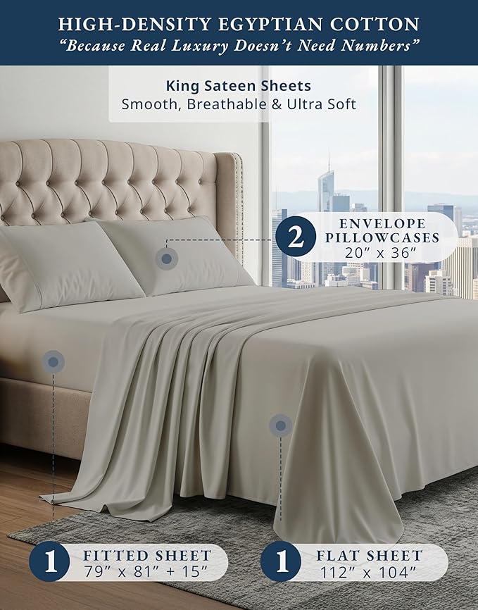 100% Egyptian Cotton Sheets King Size - Naturally Cooling & Breathable 4 Piece Silky Sateen Weave King Size Sheets Set, Ultra-Soft & Durable Hotel Luxury Sheets with 15" Snug Fit Deep Pockets - Silver