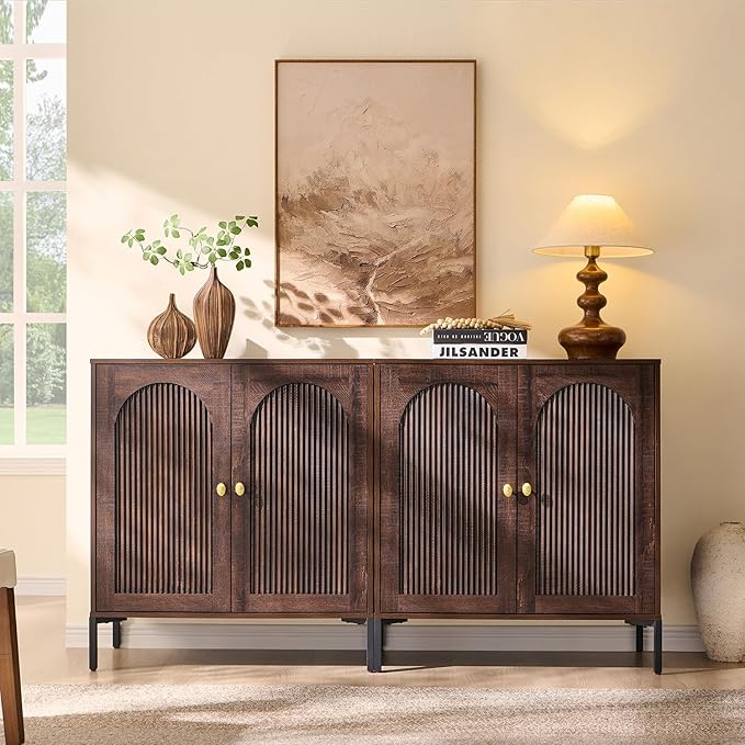 Modern Buffet Cabinet with Storage, 61.75" W Fluted Arched Sideboard Cabinet w/Adjustable Shelves, Wooden Modular Coffee Bar for Dining Room, Kitchen, Living Room, Entryway, Brown