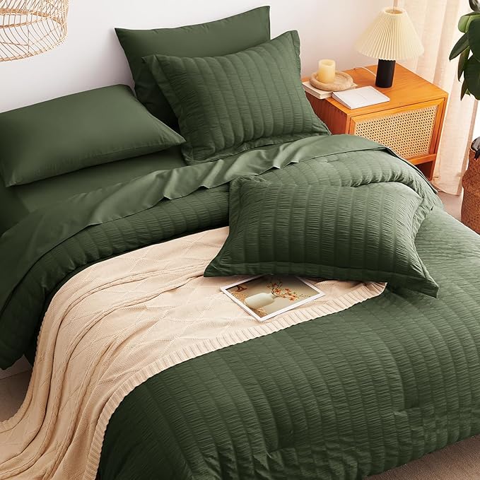 CozyLux Twin Comforter Set with Sheets 5 Pieces, Olive Green Seersucker Luxury Textured Bed in a Bag, All Season Soft Bedding Sets with Down Alternative Comforter, Sheets, Pillowcase & Sham, Home Gift