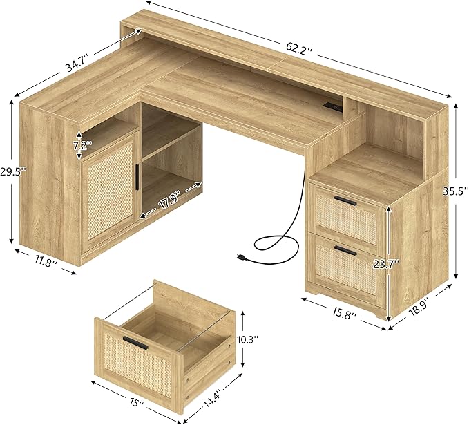 TVU Farmhouse L Shaped Desk with Drawers, 62.2" Home Office Desk with Storage Shelves and Power Outlet, L Shaped Computer Desk with Monitor Stand and Printer Shelf, Oak/Rattan