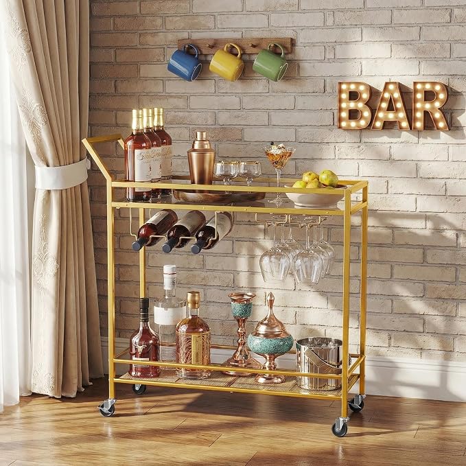 HOOBRO Bar Cart for The Home, Gold Bar Cart, 2-Tier Home Bar Serving Cart with Wine Rack and Glass Holder, Bar Carts with for Bar, Kitchen, Dining Room, Living Room, Gold GD11TC01