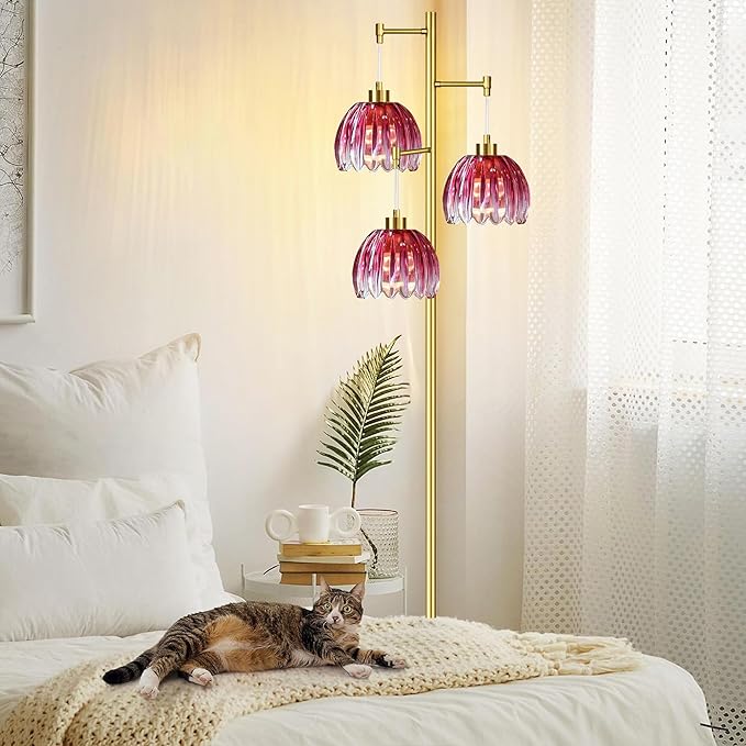 Pink Floor Lamp for Living Room,Bedroom,Gold Mid Century Modern Standing Lamp Brass Tree 3 Light Tall Floor Lamps Vintage Retro Floor Lights Glass Flower Lamp Shade Farmhouse Boho Bohemian